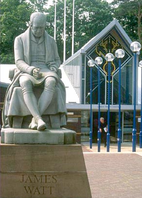 statue of James Watt outside Heriot Watt University reception
